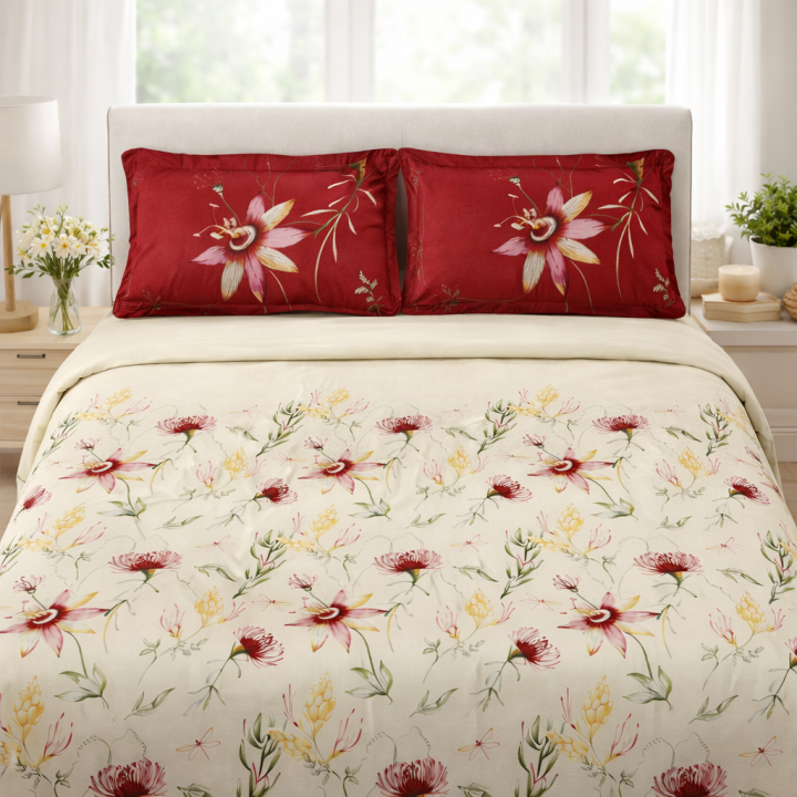 Portico New York Magnum Floral Super King Bedsheet Set (100% Cotton, Red & Cream)
