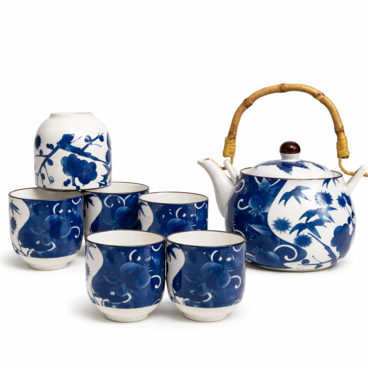 Classic Blue & White Ceramic Tea Set with Bamboo Handle (6-Piece Set)