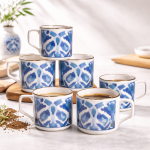 Blue Ikat Pattern Ceramic Mug Set with Gold Rim (6-Piece Set)