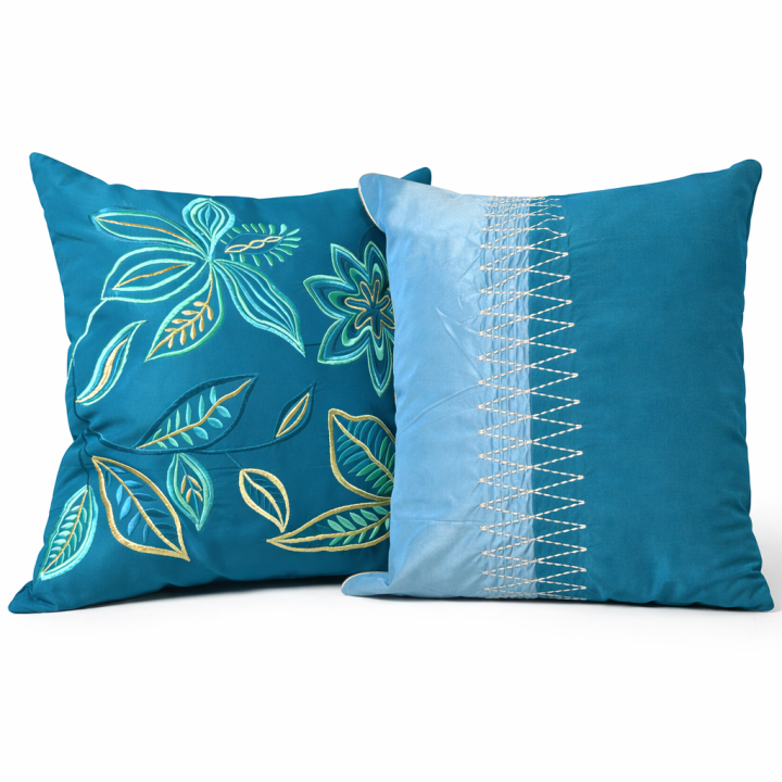 Premium Teal Embroidered Designer Cushion Cover Set (2 Pieces)