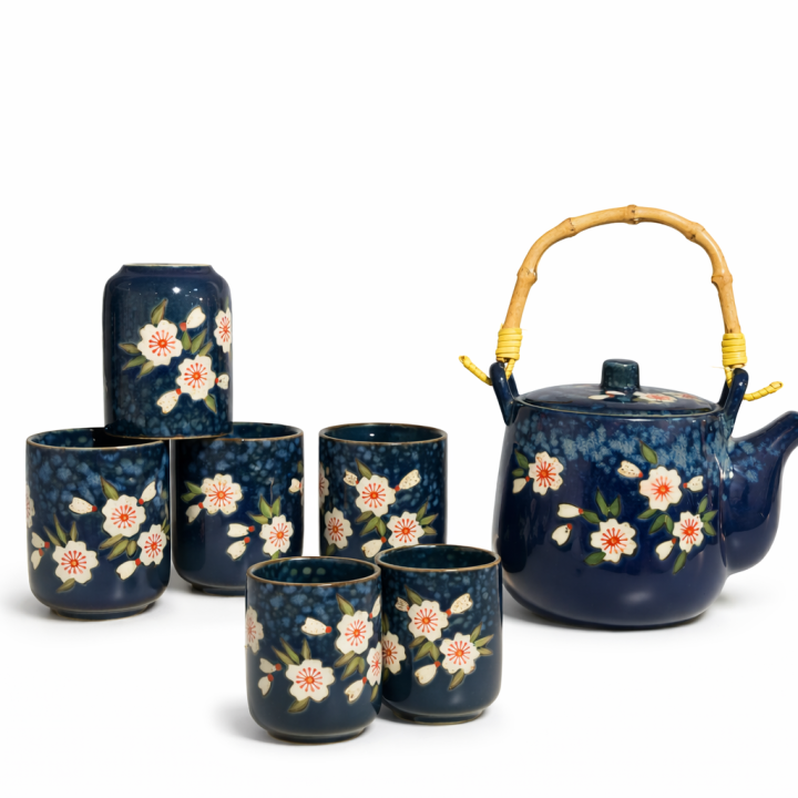 Elegant Blue Floral Ceramic Tea Set with Bamboo Handle (6-Piece Set)