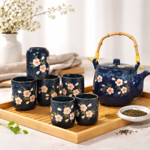 Elegant Blue Floral Ceramic Tea Set with Bamboo Handle (6-Piece Set)