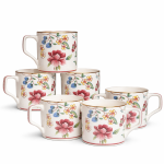 Premium Floral Ceramic Mug Set with Gold Rim (6-Piece Set)