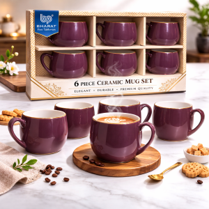 Bharat Fine Tableware Purple Ceramic Mug Set with Gold Rim (6-Piece Set)