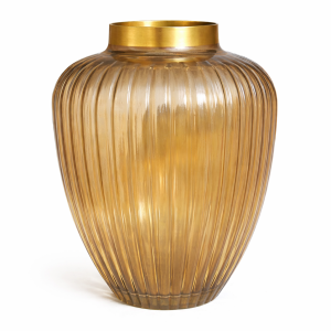 AmberGlow Ribbed Glass Decorative Vase with Gold Rim