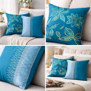 Premium Teal Embroidered Designer Cushion Cover Set (2 Pieces)