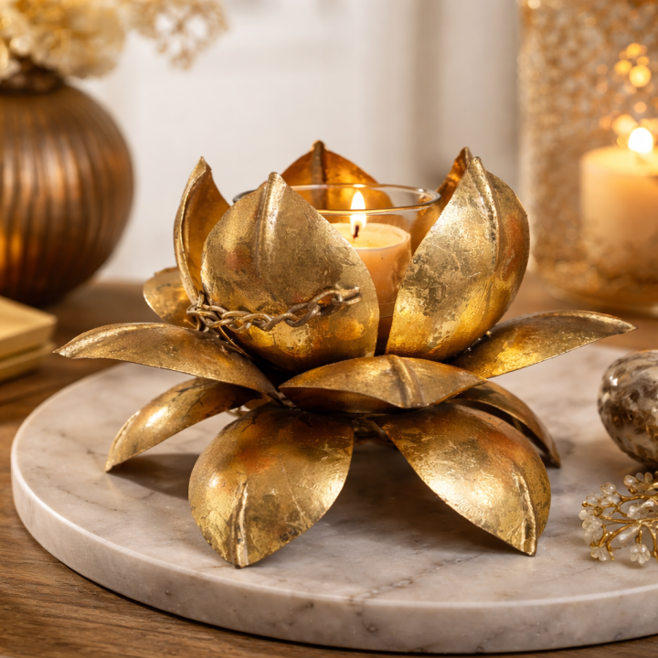 Antique Gold Lotus Tealight Candle Holder