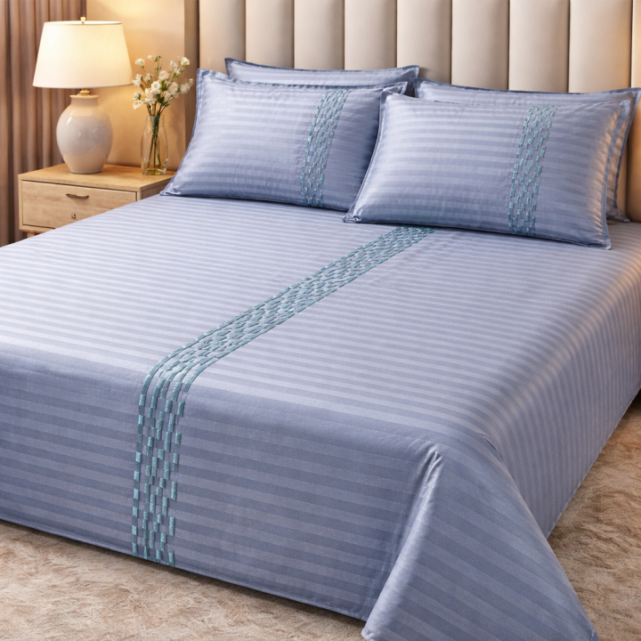 Platina Premium Striped Cotton Bedsheet Set – Luxury Soft Finish (Blue)